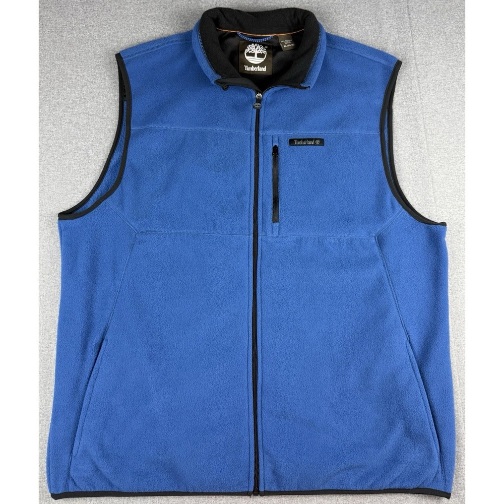Timberland Mens XL Fleece Vest Blue Black Full Zip Outdoor Hiking Chest Pocket